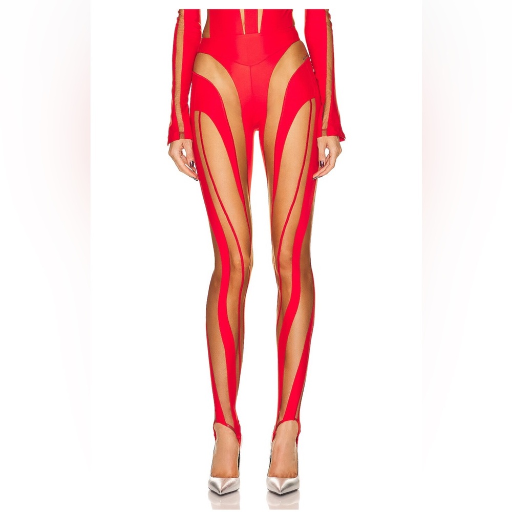 Mugler Spiral Sheer Leggings in Red